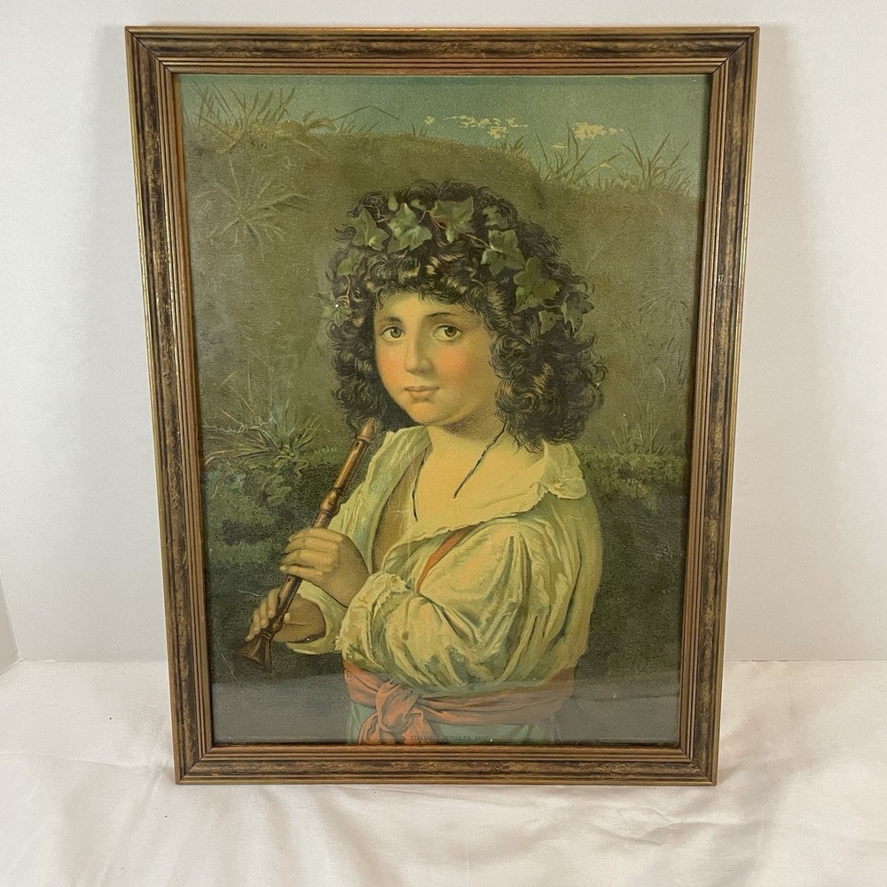 Antique 1880 Italian Shepherd Boy Print H Hallett & Co Portland Maine Framed Art